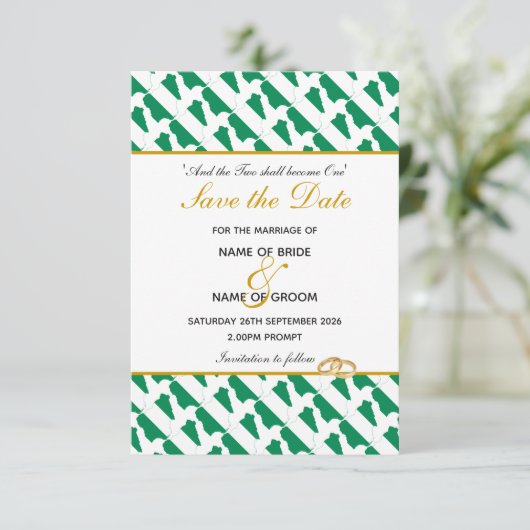 ナイジェリアのキリスト教式結婚式のお祝い セーブザデート (スタンド正面)