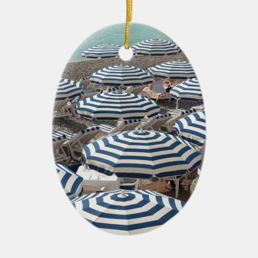 ナイスフランスブルーと白のパラソルビーチ。 セラミックオーナメント (正面)