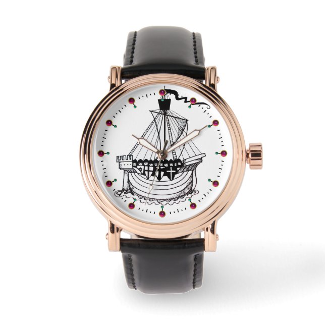 ナイツテンプラール船白黒 航海の 腕時計 (正面)