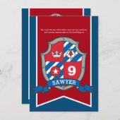 ナイツ中世子供の誕生日パーティー赤ブルー 招待状 (正面/裏面)