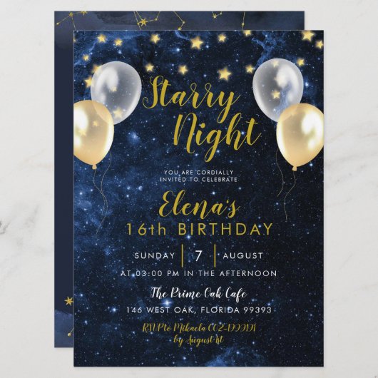 ナイトアンダーザスターズスウィート16誕生日招待状 招待状 (正面/裏面)