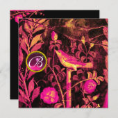 ナイトインゲールとバラのモノグラム ピンク ブラック イエロー 招待状 (正面/裏面)