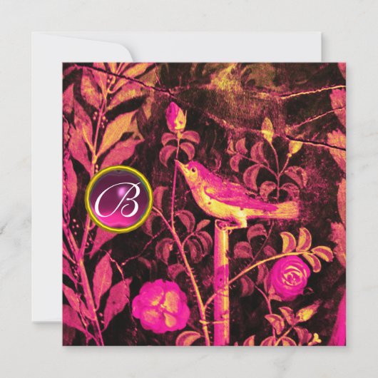 ナイトインゲールとバラのモノグラム ピンク ブラック イエロー 招待状 (正面)