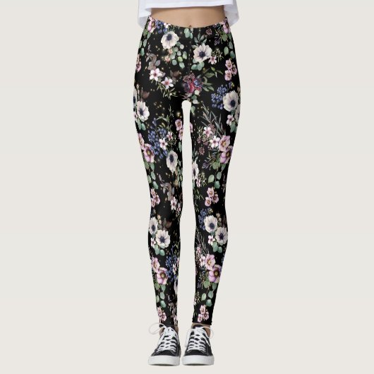 ナイトインザガーデン白黒とピンクフローラ レギンス (正面)