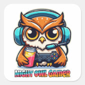 ナイトオウルゲーマーマスコット楽しいゲームイラスト スクエアシール (正面)