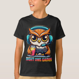 ナイトオウルゲーマーマスコット楽しいゲームイラスト Tシャツ