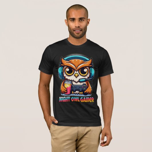 ナイトオウルゲーマーマスコット楽しいゲームイラスト Tシャツ (正面フル)