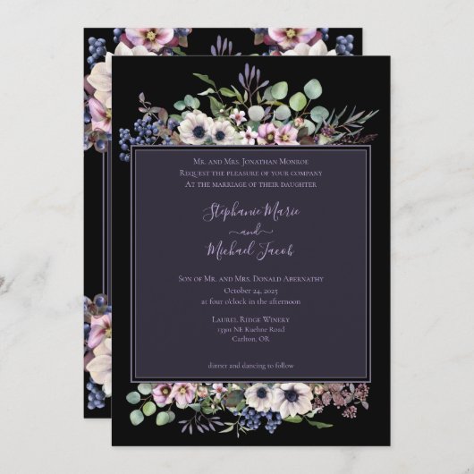ナイトガーデンラベンダーブラック結婚式招待状 招待状 (正面/裏面)