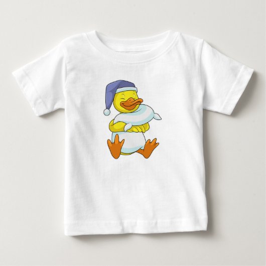 ナイトキャップをかぶって眠るアヒル ベビーTシャツ (正面)