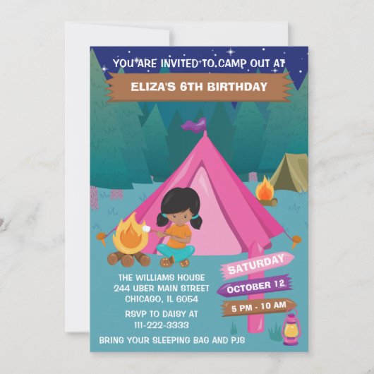 ナイトキャンピングバースデーパーティアフリカンアメリカン・ガール 招待状 (正面)