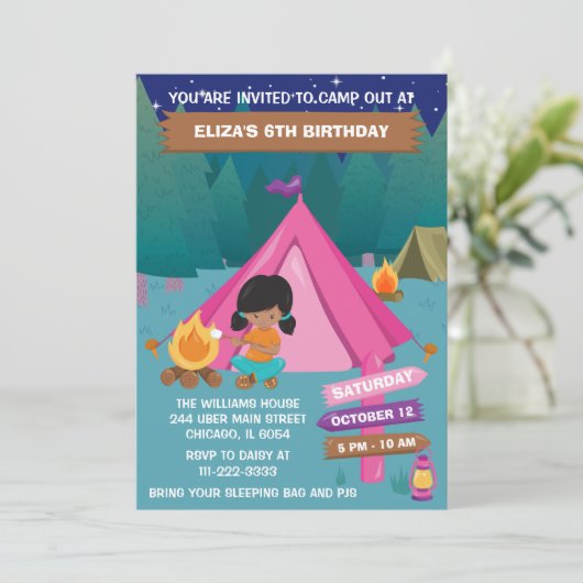 ナイトキャンピングバースデーパーティアフリカンアメリカン・ガール 招待状 (スタンド正面)