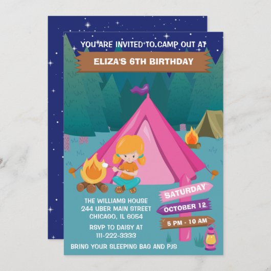 ナイトキャンピングバースデーパーティレッドヘアガールインビタット 招待状 (正面/裏面)
