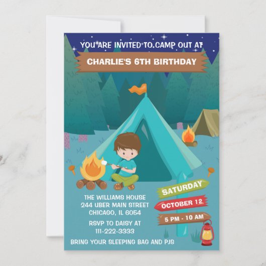 ナイトキャンピングバースデーパーティー茶色の髪の男の子Invita 招待状 (正面)