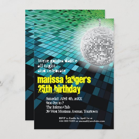 ナイトクラブのフロアとミラーボールパーティ 招待状 (正面/裏面)