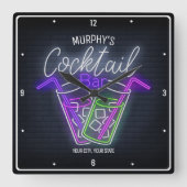 ナイトクラブネオンフェイクカクテルパーソナライズされたバー スクエア壁時計 (正面)
