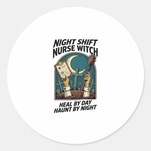 ナイトシフト看護師魔女レトロハロウィンTシャツ ラウンドシール (正面)