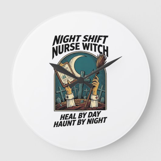 ナイトシフト看護師魔女レトロハロウィンTシャツ ラージ壁時計 (正面)