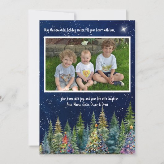 ナイトスカイフォトクリスマスツリーフォレストフラットホリデーカード シーズンカード (正面)