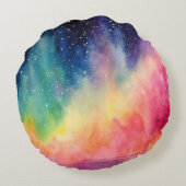 ナイトスカイレインボーウォーターカラー抽象芸術アート ラウンドクッション (裏面)