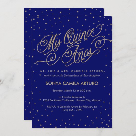 ナイトスカイ金ゴールドスターズ&ネイビーキンセニェラ招待状 招待状 (正面/裏面)