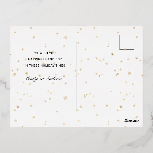 ナイトスカイ金ゴールドスターハッピーホリデー写真はがき 箔シーズンポストカード (裏面)