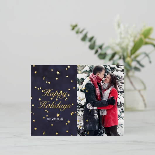ナイトスカイ金ゴールドスターハッピーホリデー写真はがき 箔シーズンポストカード (立ち正面)