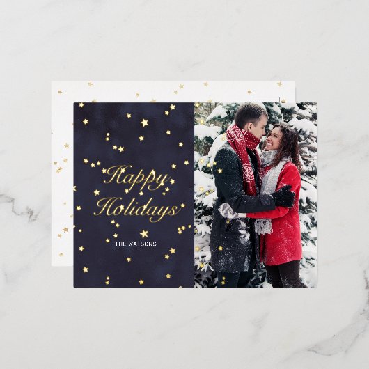 ナイトスカイ金ゴールドスターハッピーホリデー写真はがき 箔シーズンポストカード (正面/裏面)