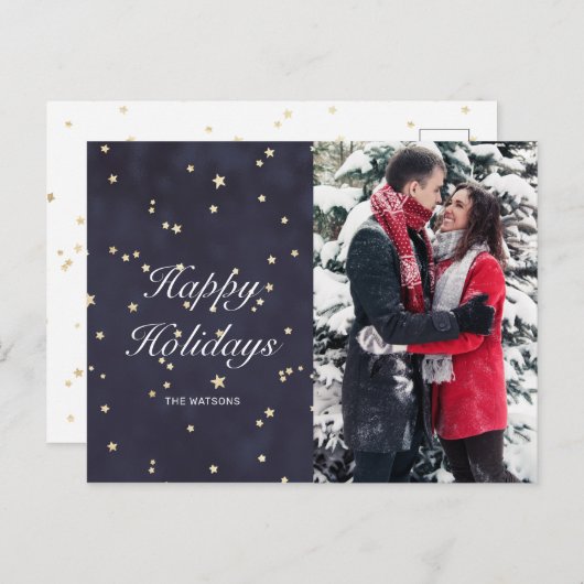 ナイトスカイ金ゴールドスターハッピーホリデー写真 ポストカード (正面/裏面)