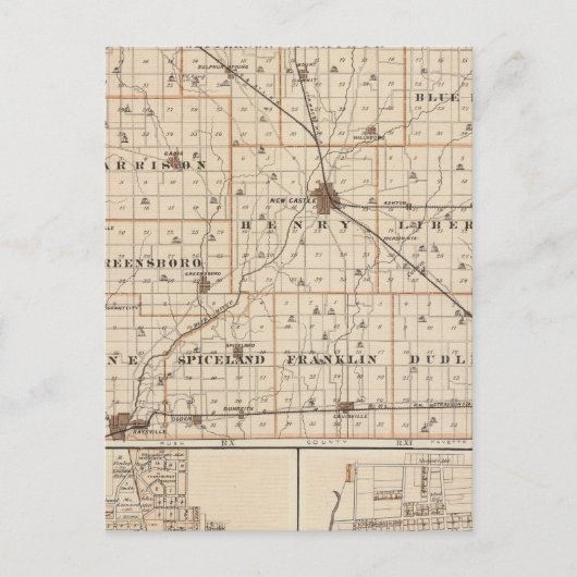 ナイトスタウンのニューキャッスルとヘンリー郡の地図 ポストカード (正面)