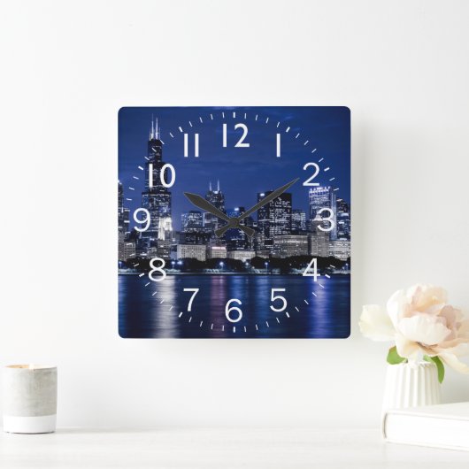 ナイトタイムシカゴのシーン スクエア壁時計 (ホーム)