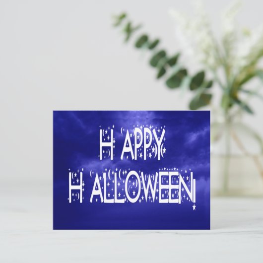 ナイトタイムブルーハッピーハローウィン文字はがき ポストカード (スタンド正面)