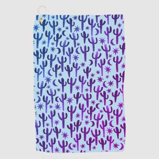 ナイトデザートサグアーロカクティウォーターグラデーションカラーパープル ゴルフタオル (正面)