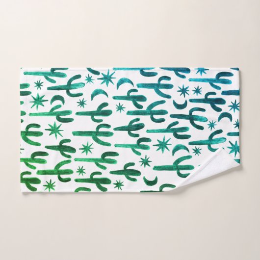 ナイトデザートサボテン水彩パターングリーンブルー バスタオルセット (ハンドタオル)