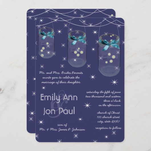 ナイトネ結婚ミーアクアイエローフラワーメイソンジャー 招待状 (正面/裏面)