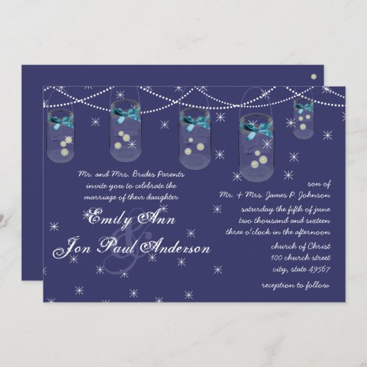 ナイトネ結婚ミーアクアイエローフラワーメイソンジャー 招待状 (正面/裏面)