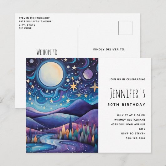 ナイトビッお洒落グムーンランドスケープ誕生日 インビテーションポストカード (正面/裏面)