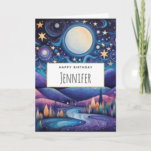 ナイトビッお洒落グムーンランドスケープ誕生日 カード (正面)