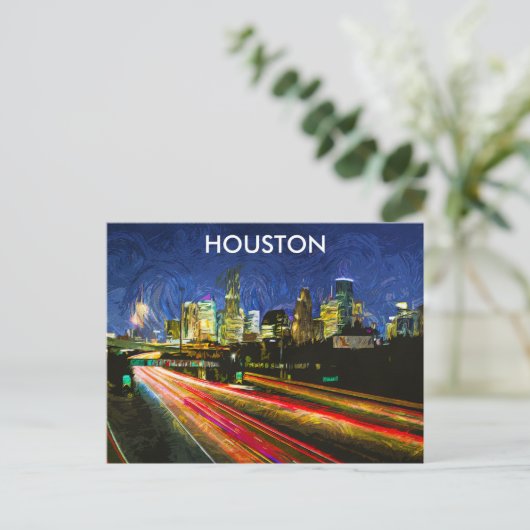 ナイトビューヒューストンテキサス州ヴィンテージレトロ旅行 ポストカード (スタンド正面)
