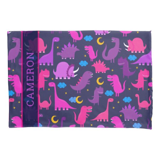 ナイトピンクパープルガールズの恐竜パーソナライズされた 枕カバー (正面)