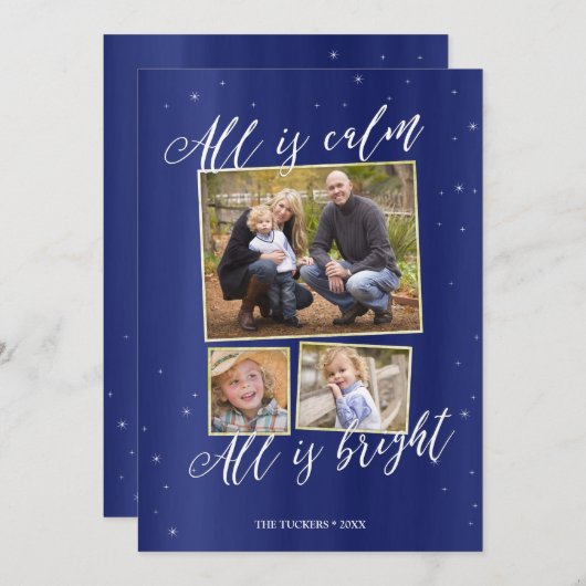 ナイトフォト静かクリスマスカード、ネイビーブルー金ゴールド シーズンカード (正面/裏面)