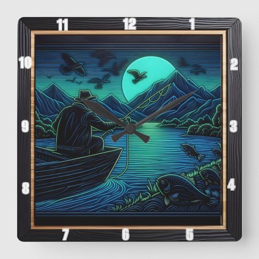 ナイトフォール魚釣り スクエア壁時計 (正面)