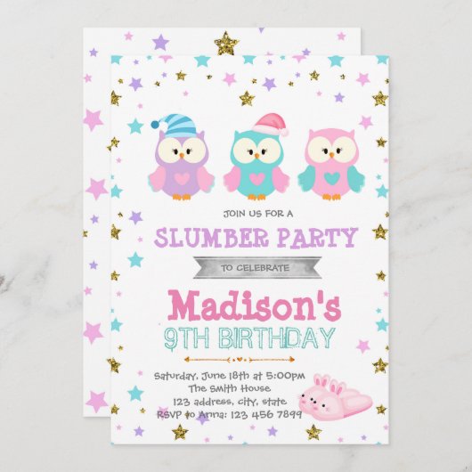 ナイトフクロウのパーティー誕生日の招待 招待状 (正面/裏面)