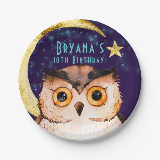 ナイトフクロウパープルスリーバースランバーバースデーパーティー ペーパープレート (正面)