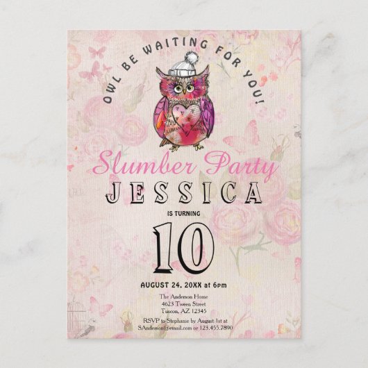 ナイトフクロウ誕生日スランバーパーティの招待状 ポストカード (正面)