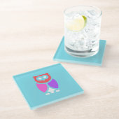 ナイトフクロウ、美しいピンクと赤、抽象芸術アートポップ・アートの ガラスコースター (アングル)