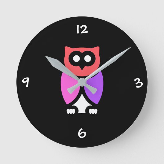 ナイトフクロウ、美しいピンクと赤、抽象芸術アートポップ・アートの ラウンド壁時計 (正面)