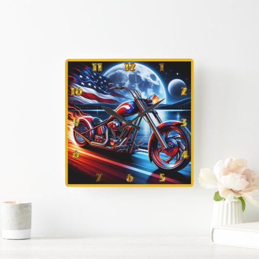 ナイトフラグの下に乗るバイク スクエア壁時計 (ホーム)