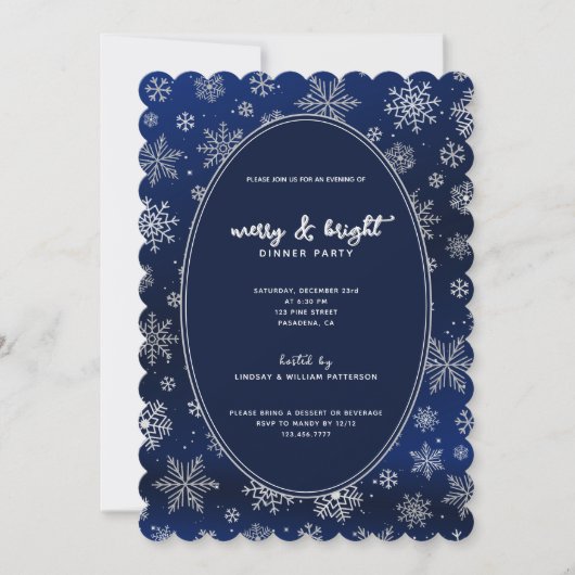 ナイトブルーエレガントクリスマスに銀色の雪片 招待状 (正面)