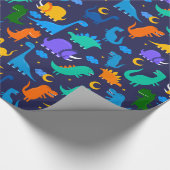 ナイトブルーオレンジグリーンパターンで子供の恐竜 ラッピングペーパー (角)