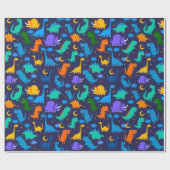 ナイトブルーオレンジグリーンパターンで子供の恐竜 ラッピングペーパー (フラット)